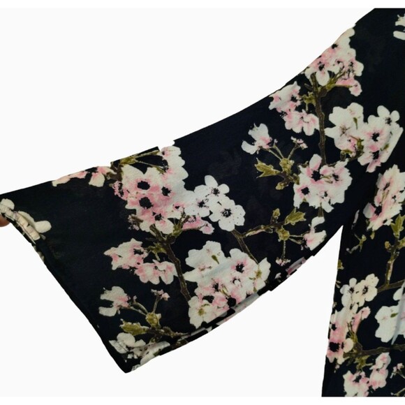 Vero Moda Top Women's L Pink White Floral 3/4 Sleeve Viscose Round Neck Popover - Picture 2 of 8